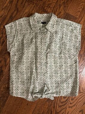 Talbots Green and White Print Button Blouse with Tie Waist